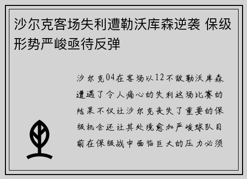 沙尔克客场失利遭勒沃库森逆袭 保级形势严峻亟待反弹