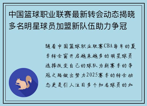 中国篮球职业联赛最新转会动态揭晓多名明星球员加盟新队伍助力争冠