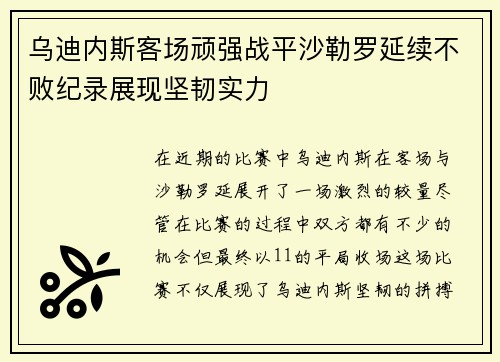 乌迪内斯客场顽强战平沙勒罗延续不败纪录展现坚韧实力