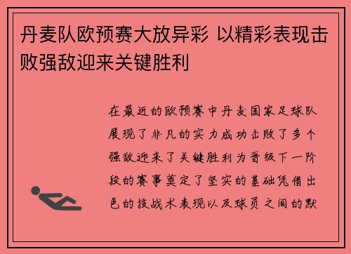 丹麦队欧预赛大放异彩 以精彩表现击败强敌迎来关键胜利